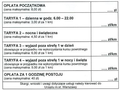 Wzór tabliczki informującej o cenie taryf w taksówce
