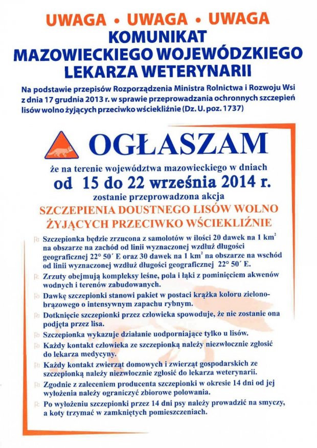 Wścieklizna! Szczepienie lisów - ostrzeżenie Wojewódzkiego Lekarza Wetrynaryjnego