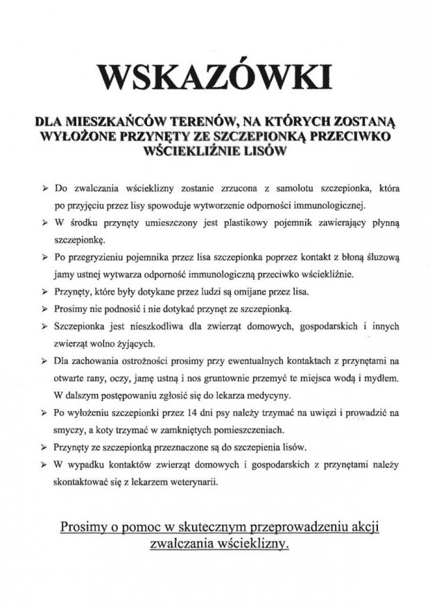 Wścieklizna! Szczepienie lisów - ostrzeżenie Wojewódzkiego Lekarza Wetrynaryjnego