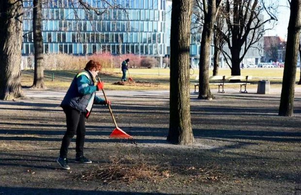 Z trawników wygrabiane są niedopałki a także zbierane butelki, puszki i plastikowe opakowania