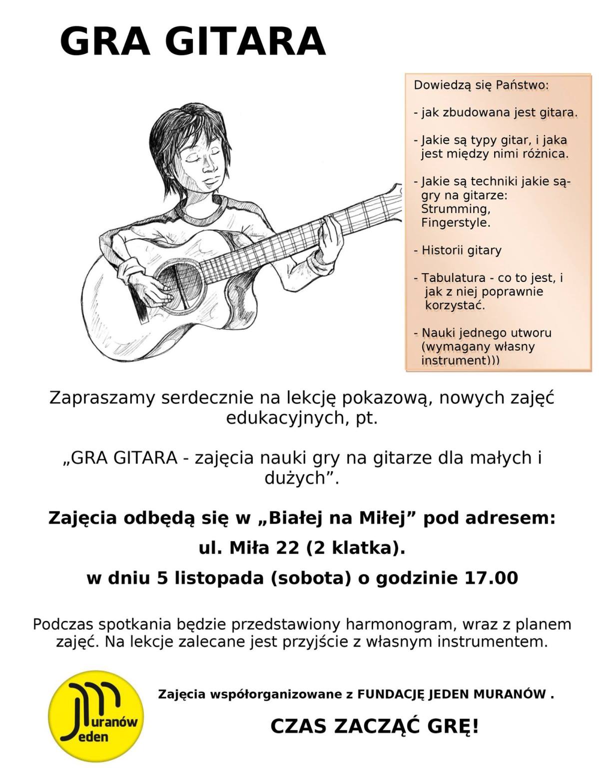 Zaproszenia na zajęcia gitarowe na Muranowie