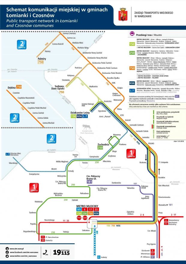 Schemat nowych stref i tras ZTM - Łomianki, Palmiry, Dęina