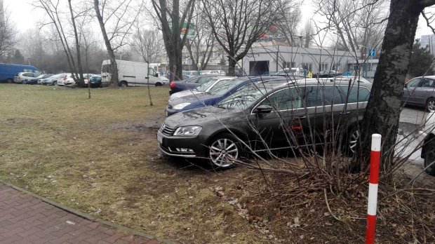 Parkowanie na trawniku przy skrzyżowaniu ulic Waryńskiego i Batorego