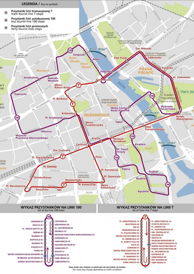 Mapa tras linii turystycznych: autobusowej 100 oraz tramwajowej T.