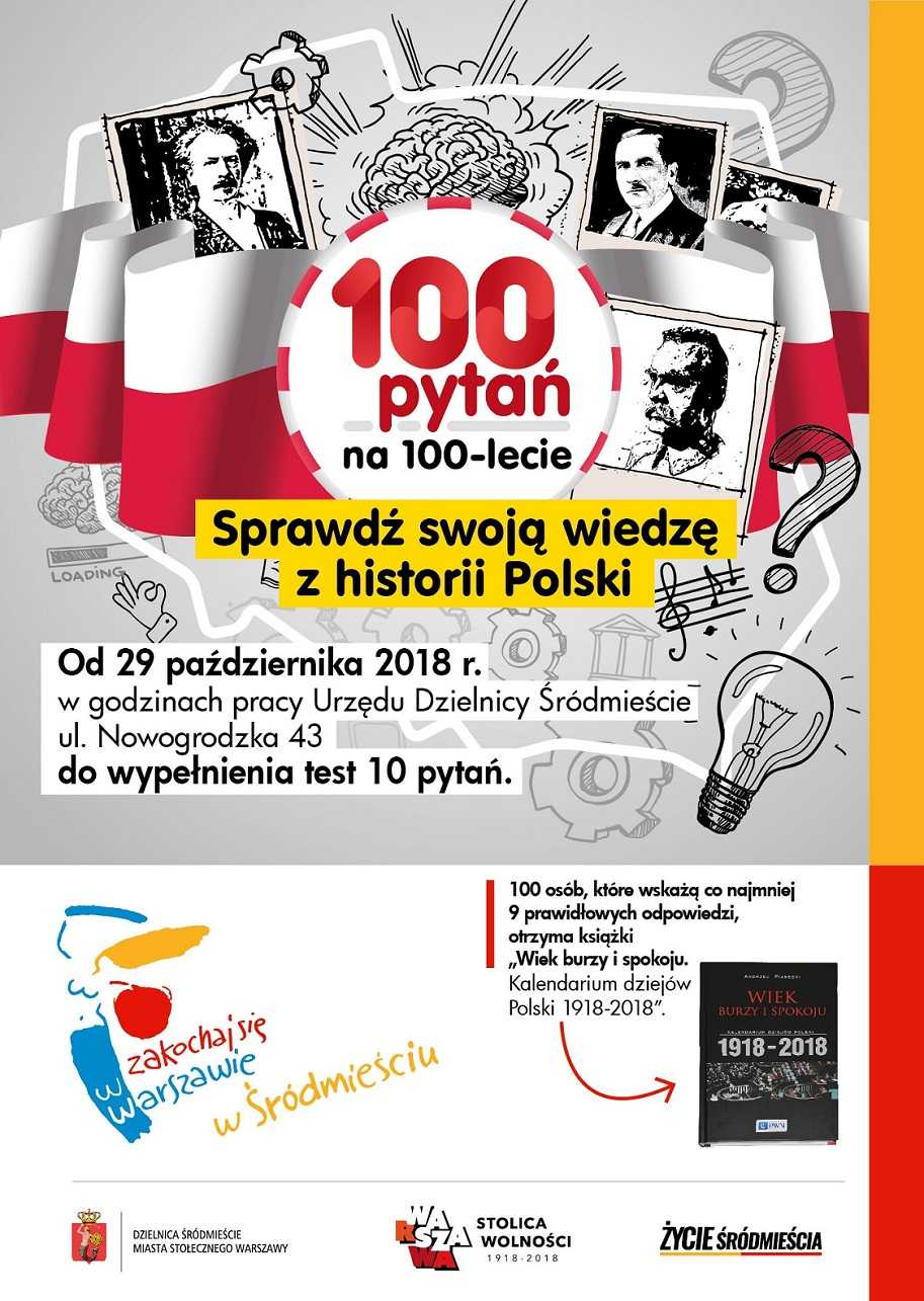 Plakat konkursu 100 pytań na 100-lecie