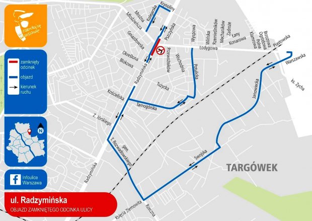 Ulica Radzymińska, etap 1 - objazd zamkniętego odcinka ulicy