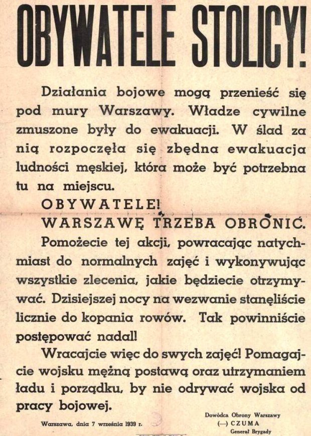 Odezwa generała Waleriana Czumy do mieszkańców Warszawy z 7 września 1939