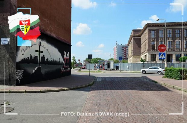 Mural '44 Warszawa Dąbrowa Górnicza pamięta - centrum miasta, po prawej stronie widoczny Pałac Kultury Zagłębia