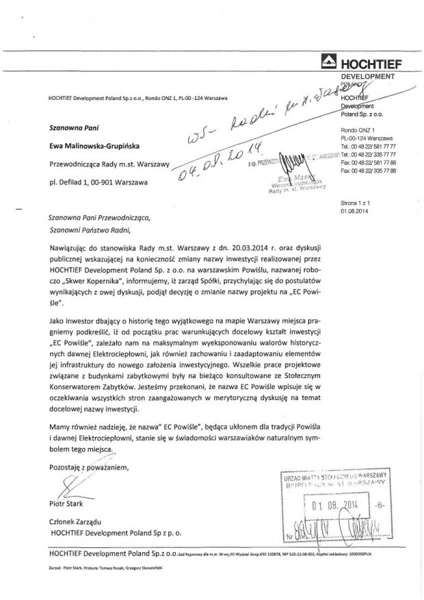 pismo w sprawie nazwy inwestycji na Powiślu