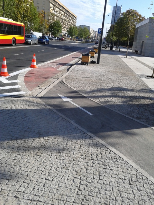 Pas rowerowy wzdłuż ulicy po południowej stronie w części od Emilii Plater do Marszałkowskiej. 