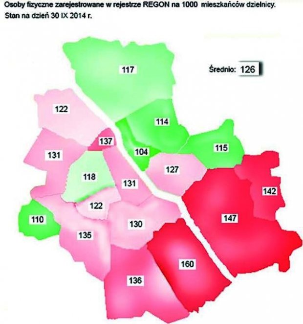 Mapka Warszawuy: Osoby fizyczne zarejestrowane w rejestrze REGON na 1000 mieszkańców dzielnicy (stan na 30 IX 2014)