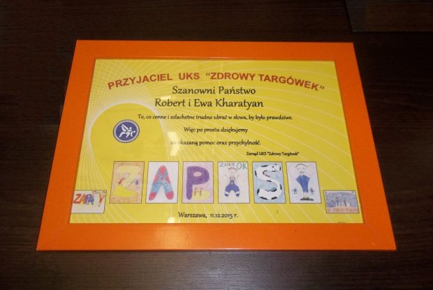 Wigilia u zapaśników UKS Zdrowy Targówek - dyplom przyznany przez Klub rodzicom