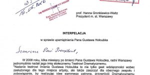 Interpelacja radnego Lecha Jaworskiego w sprawie upamiętnienia Gustawa Holoubka. Strona 1.