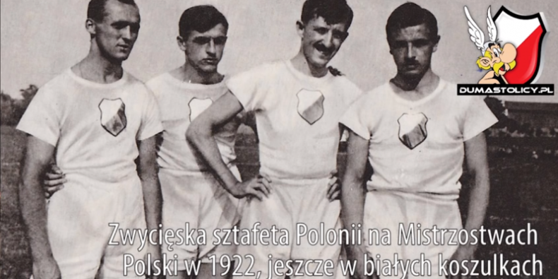 Biegacze Polonii Warszawa - zwycięska sztafeta Polonii Warszawa na Mistrzostwach Polski w 1922 r. jeszcze w białych koszulkach.