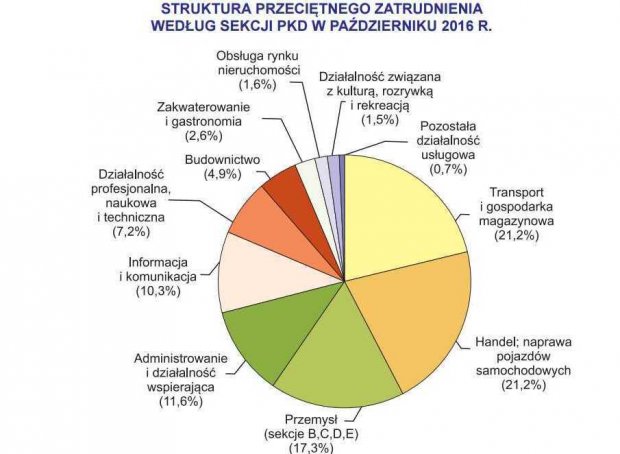 Struktura przeciętnego zatrudnienia w/g sekcji PKD w X 2016 r.