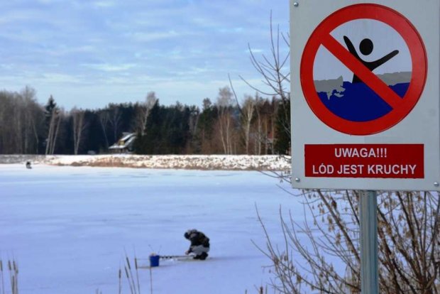 Znak ostrzegawczy o kruchym lodzie