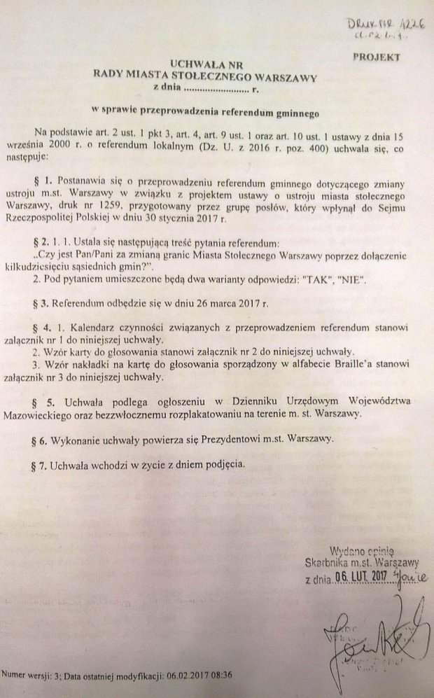 Uchwała dotycząca referendum w sprawie poszerzenia granic Warszawy, 6 luty 2017 r.
