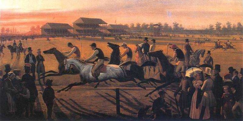 Pierwsze wyścigi konne na Polu Mokotowskim w Warszawie - obraz Januarego Suchodolskiego z 1849. Zbiory Muzeum Warszawy.