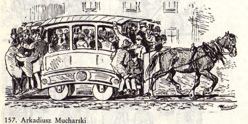 Słodka pamiątka po gorzkiej pamięci kolei konnej (a nowe tramwaje gdzie?) - Arkadiusz Mucharski. 1881 r. (źródło: Eryk Lipiński, Warszawa w karykaturze, 1983)