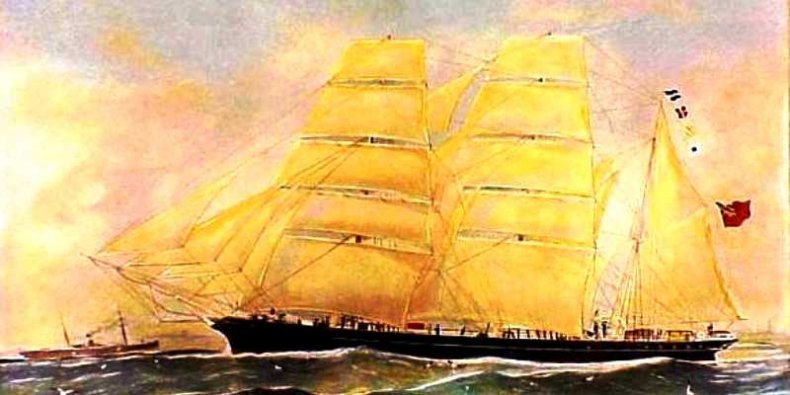 Bark Otago pod pełnymi żaglami - Drobnicowiec, którego Joseph Konrad był kapitanem w latach 1888-1889. Ilustracja z pierwszego wydania Zwierciadła morza (1906)