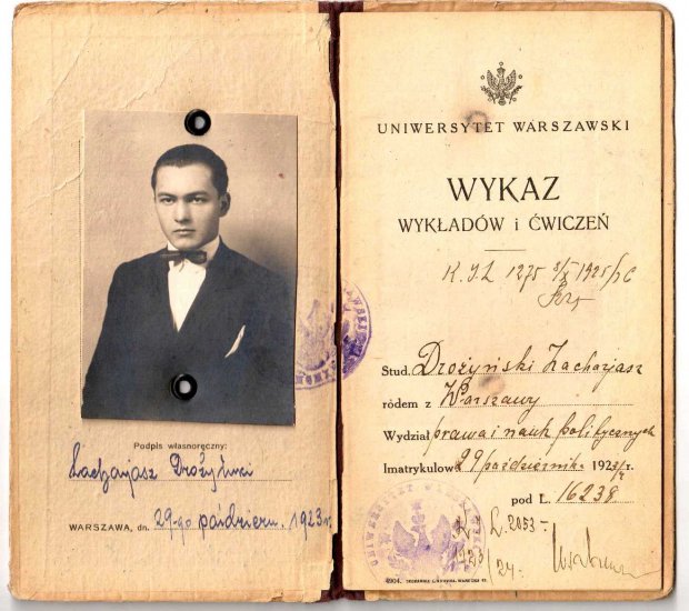 Zachariasz Drożyński - index Uniwersytetu Warszawskiego z 1923 r.
