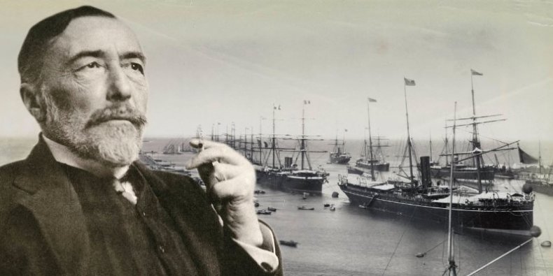 Joseph Conrad w 1916 r. W tle statki wpływające do Kanau Suezkiego (około 1888-90) zwiastuny globalizacji.