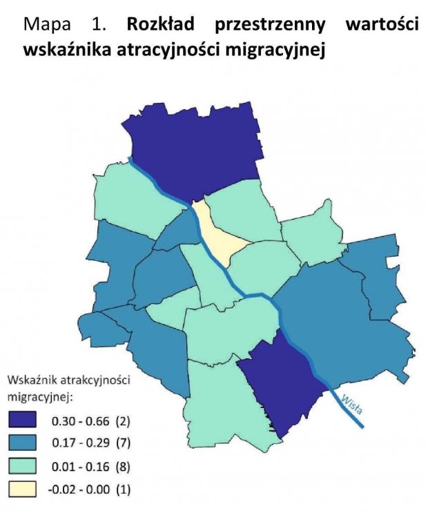 Mapa 1. - Rozkład przestrzenny wartości wskaźnika atrakcyjności migracyjnej