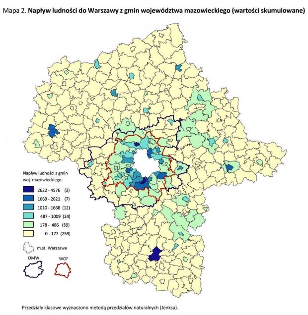 Mapa 2. - Napływ ludności do Warszawy z gmin województwa mazowieckiego (wartości skumulowane)