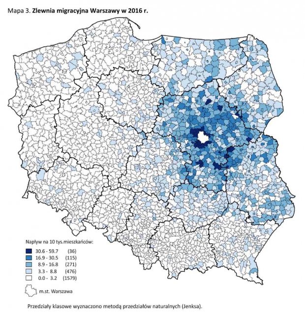 Mapa 3. - Zlewnia migracyjna Warszawy w 2016 r.