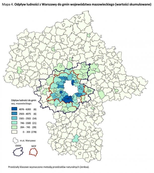 Mapa 4. - Odpływ ludności z Warszawy do gmin województwa mazowieckiego (wartości skumulowane)