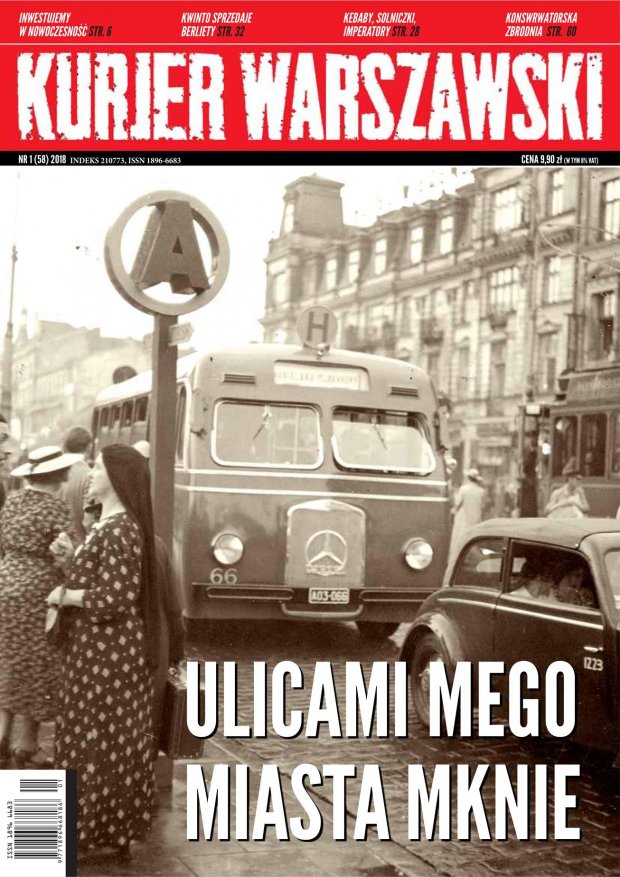 Kurier Warszawski - okładka numeru 1. z 2018 r. (Autobus linii "H" marki Mercedes na ul. Marszałkowskiej podjeżdżający na przystanek. W tle widoczna elewacja Hotelu Wiedeńskiego. Z prawej widać fragment taksówki. Sierpień 1938)