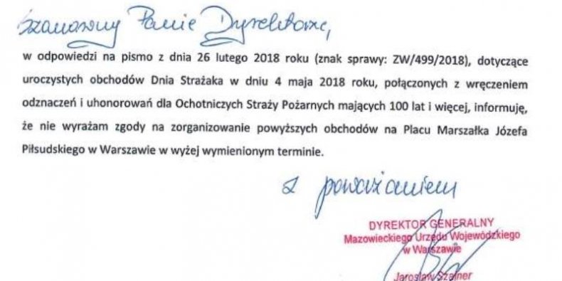 Fragment pisma z urzędu wojewódzkiego w Warszawie - odmowa Dyrektora Generalnego Mazowieckiego Urzędu Wojewódzkiego na organizację obchodów 100-lecia Ochotniczych Straży Pożarnych na pl. Piłsudskiego w Warszawie w roku 2018