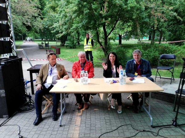 Jury III Turnieju Wypowiedzi Satyrycznej o Laur Wiecha - od lewej: Cezary Domagała, Krzysztof Jaślar, Katarzyna Pakosińska, Paweł Michalec