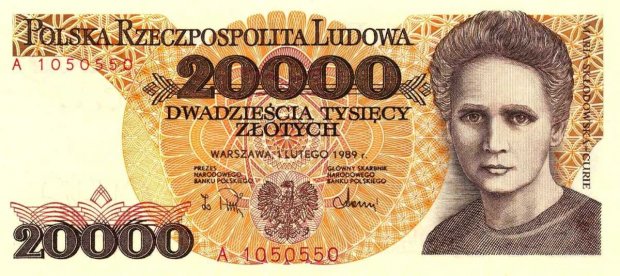 20 000 zł - Awers z Marią Skłodowską-Curie