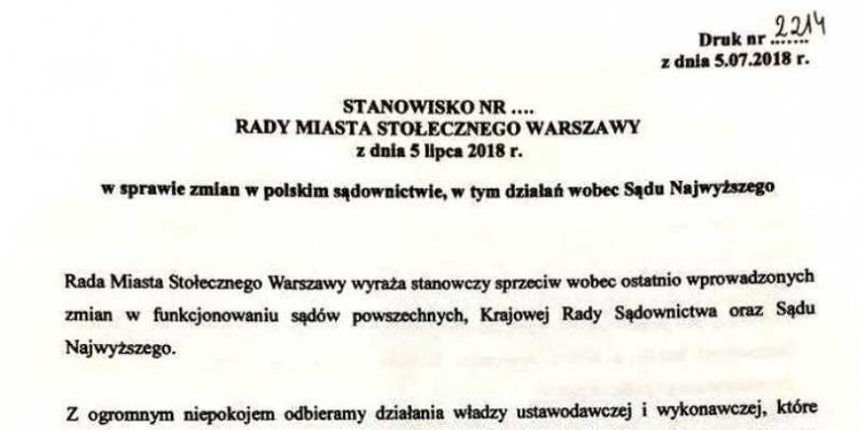 Nagłówek stanowiska Rady Warszawy z dnia 5 VII 2018 r.