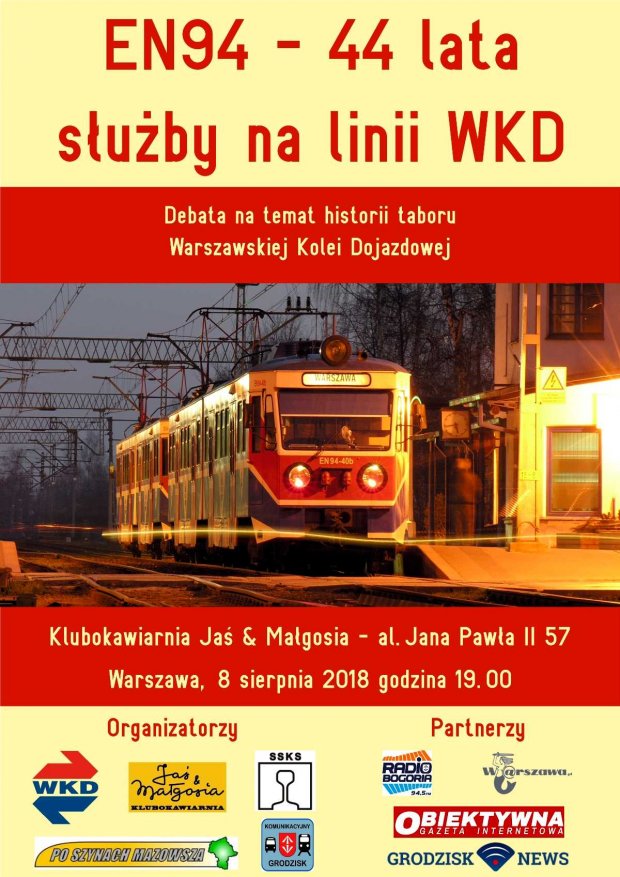 WKD - plakat wydarzenia a na nim EN94 - 44 lata służby na linii WKD