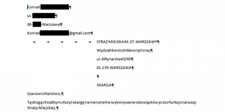 Nagłówek skargi do Wydziału Kontroli Wewnętrznej Straży Miejskiej w Warszawie