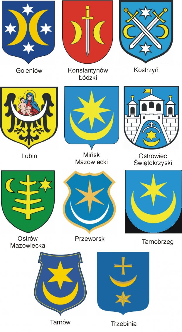Przykłady herbów polskich miast z półksiężycem