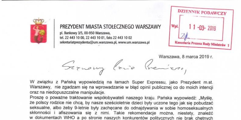 nagłówek pisma Prezydenta Warszawy do Premiera RP