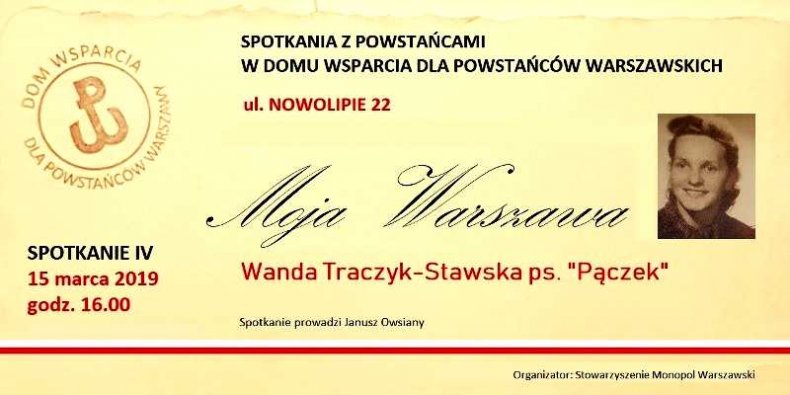 Zaproszenie na spotkanie z Panią Wandą Traczyk Stawską w Domu Wsparcia dla Powstańców Warszawy
