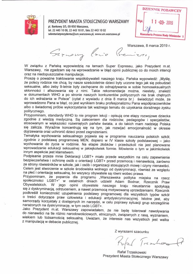 Pismo Prezydenta Warszawy do Premiera RP