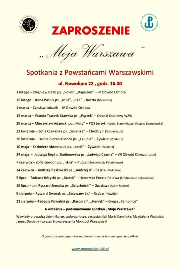 Plan spotkań Moja Warszawa - w Domu Wsparcia dla Powstańców Warszawy