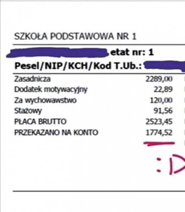 Zarobki nauczyciela dyplomowanego po 5 latach pracy - Źródło: Facebook/Pokój nauczycielski