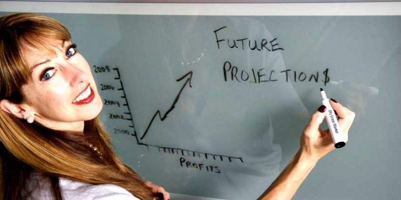 Prognozy na przyszłość - kobieta omawia wykres przy tablicy