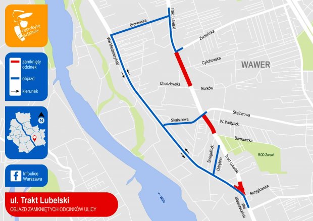 Ulica Trakt Lubelski - objazd zamkniętych odcinków ulicy