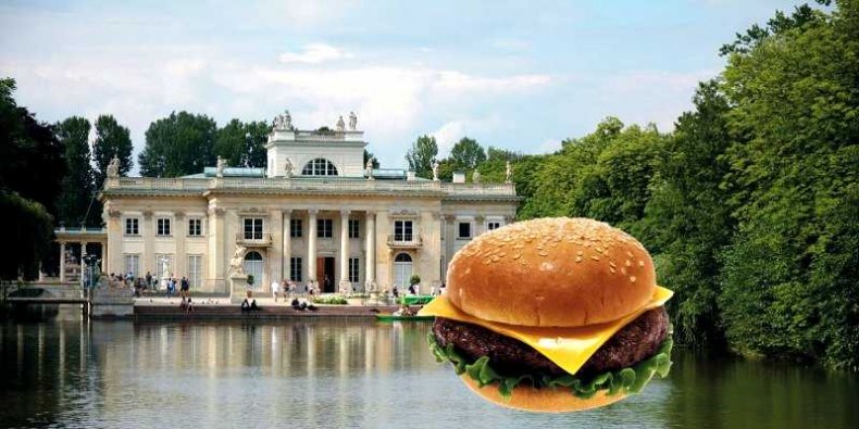 Cheeseburger w Łazienkach - fot. Pałacu: Roman Eugeniusz, Wikimedia, fot. kanapki: Renee Comet, Wikimedia