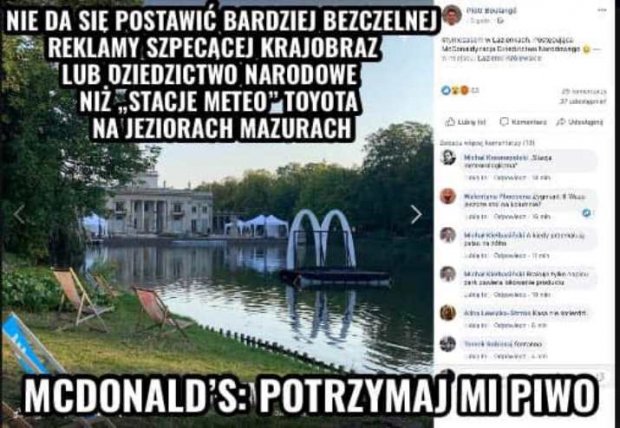 Kpina z reklamy w Łazienkach Królewskich: McDonald's vs Toyota McDonald's vs Toyota (mem Żegnamy Reklamy na zdjęciu Piotra Boulangé)