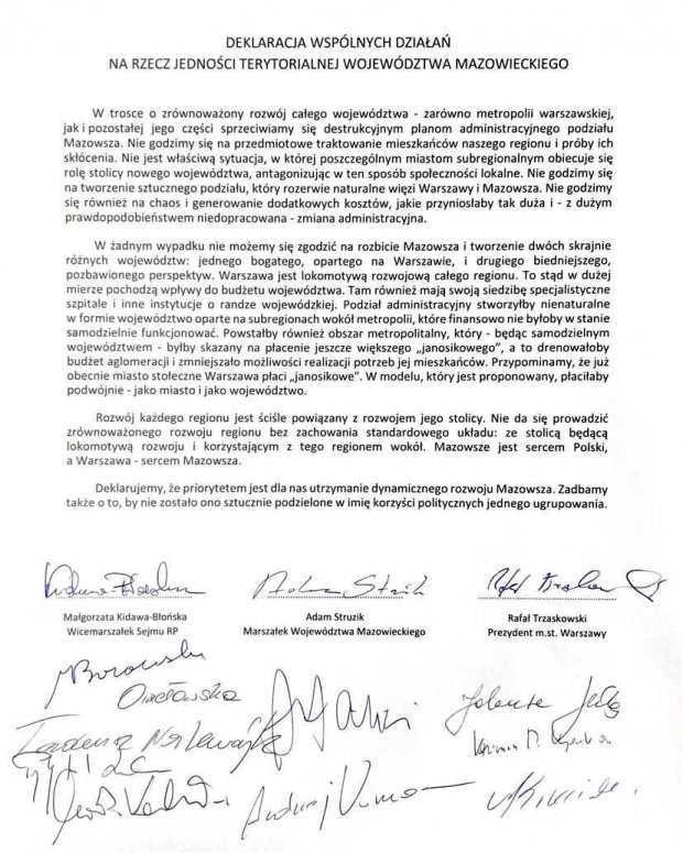 Deklaracja wspólnych działań na rzecz jedności terytorialnej województwa mazowieckiego
