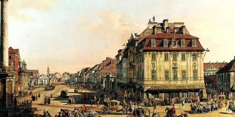 Kamienica Johna (dziś Dom Literatury) na obrazie Bernardo Bellotto: Krakowskie Przedmieście od strony Bramy Krakowskiej