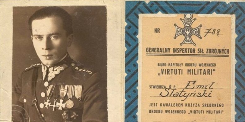 Porucznik Emil Słatyński i legitymacja odznaczenia orderem Virtuti Militari